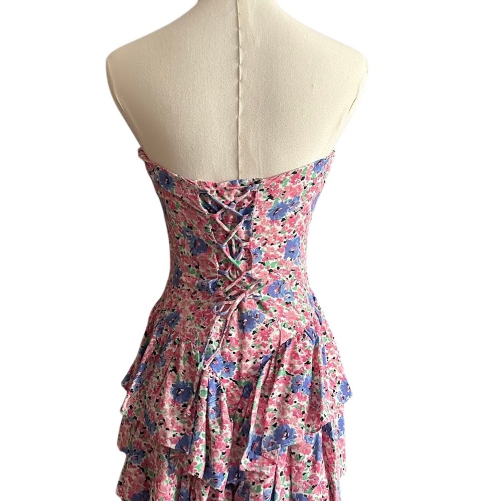 Vintage 80s/90s Rampage Floral Strapless Tiered Mini Dress - Lace Up Back - 5/6 - Picture 3 of 10